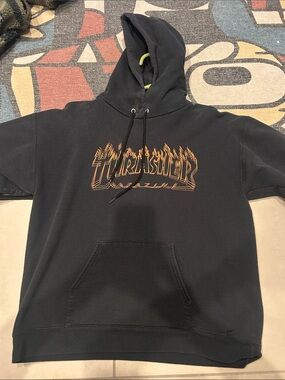 Thrasher Black Hoodie with Orange-Yellow Flame Logo